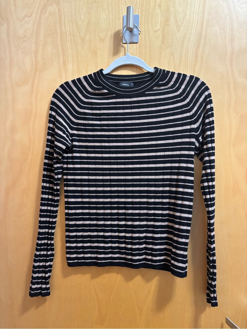 Theory Black & Tan Striped Long-Sleeve Knit Top